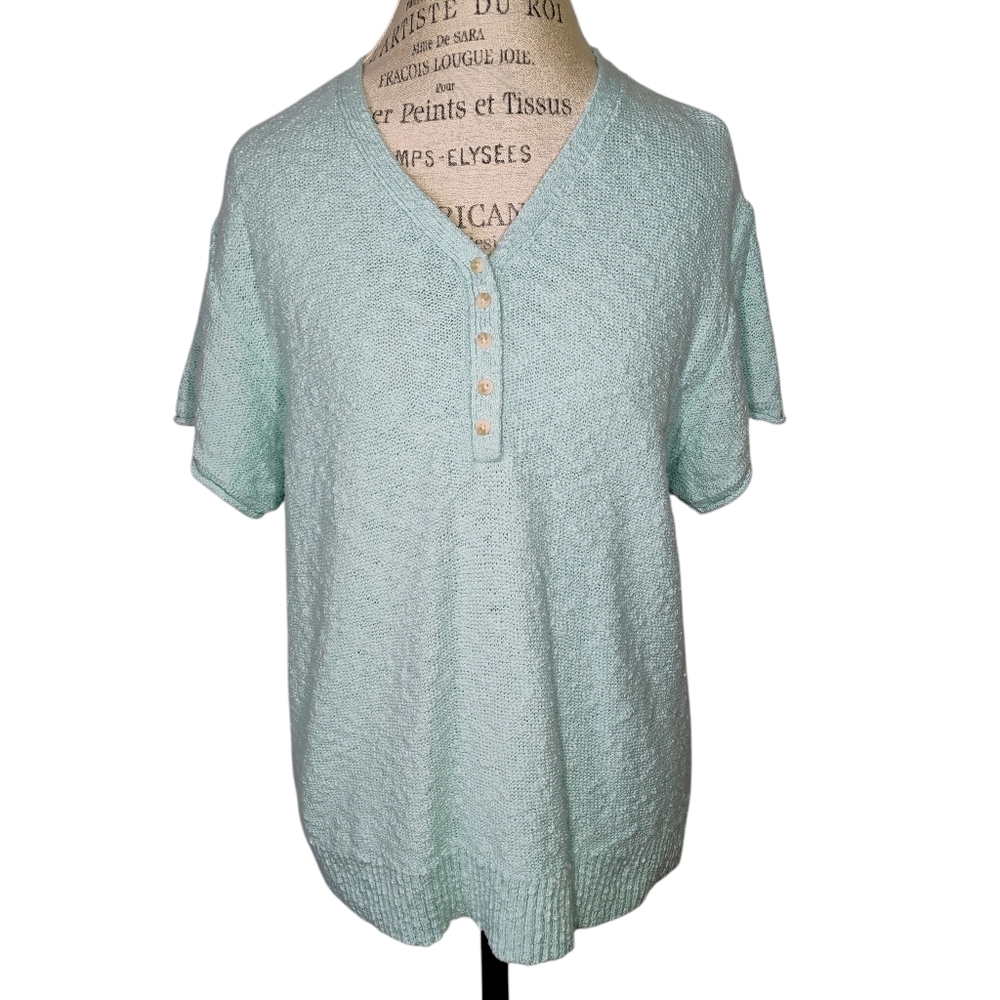 LL Bean Midweight Cotton‎ Slub Sweater Top Blue Henley Short Sleeve Womens XL